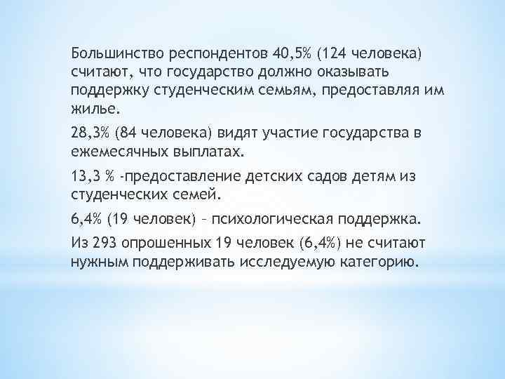Большинство респондентов 40, 5% (124 человека) считают, что государство должно оказывать поддержку студенческим семьям,