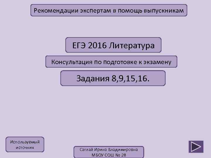 Рекомендации экспертам в помощь выпускникам ЕГЭ 2016 Литература Консультация по подготовке к экзамену Задания