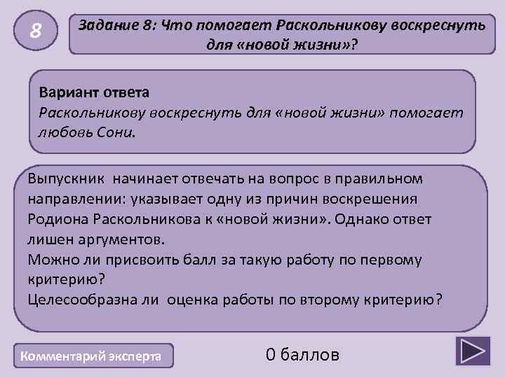 8 Задание 8: Что помогает Раскольникову воскреснуть для «новой жизни» ? Вариант ответа Раскольникову