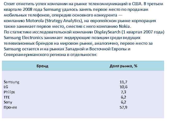 Стоит отметить успех компании на рынке телекоммуникаций в США. В третьем квартале 2008 года