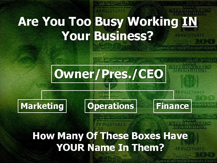 Are You Too Busy Working IN Your Business? Owner/Pres. /CEO Marketing Operations Finance How