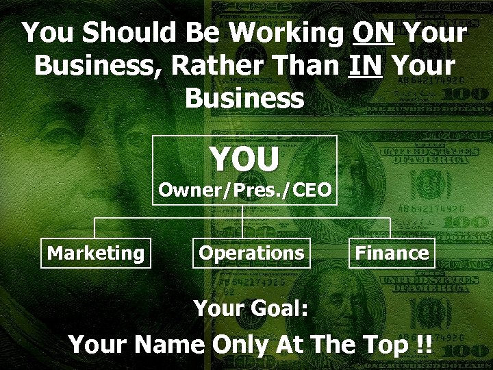 You Should Be Working ON Your Business, Rather Than IN Your Business YOU Owner/Pres.