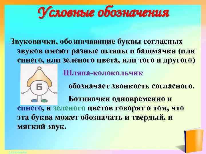 Условные обозначения Звуковички, обозначающие буквы согласных звуков имеют разные шляпы и башмачки (или синего,