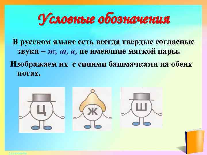 Условные обозначения В русском языке есть всегда твердые согласные звуки – ж, ш, ц,