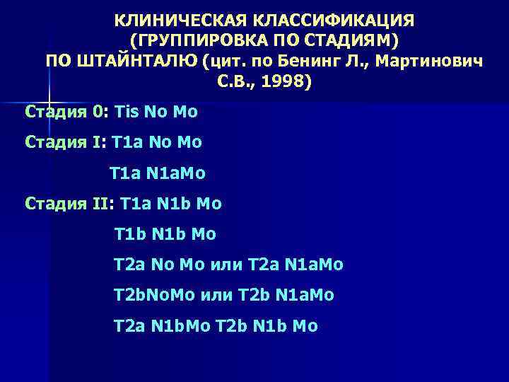 КЛИНИЧЕСКАЯ КЛАССИФИКАЦИЯ (ГРУППИРОВКА ПО СТАДИЯМ) ПО ШТАЙНТАЛЮ (цит. по Бенинг Л. , Мартинович С.