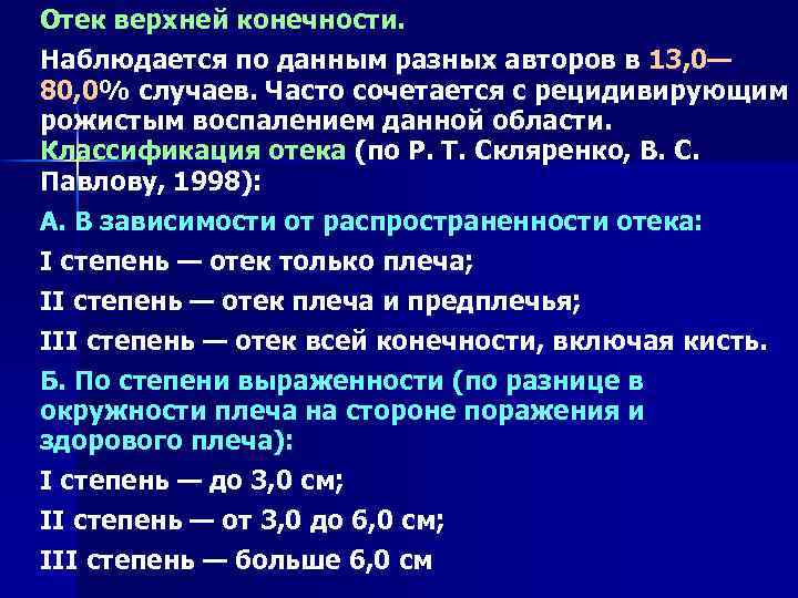 Отек верхней конечности. Наблюдается по данным разных авторов в 13, 0— 80, 0% случаев.