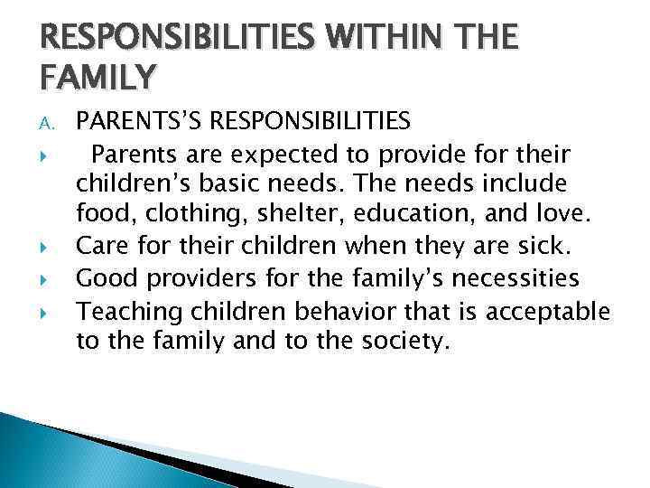 RESPONSIBILITIES WITHIN THE FAMILY A. PARENTS’S RESPONSIBILITIES Parents are expected to provide for their