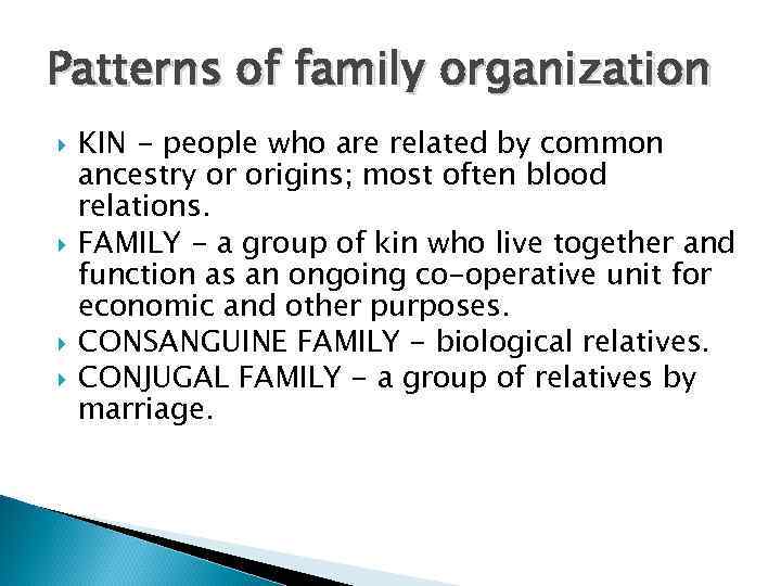 Patterns of family organization KIN - people who are related by common ancestry or