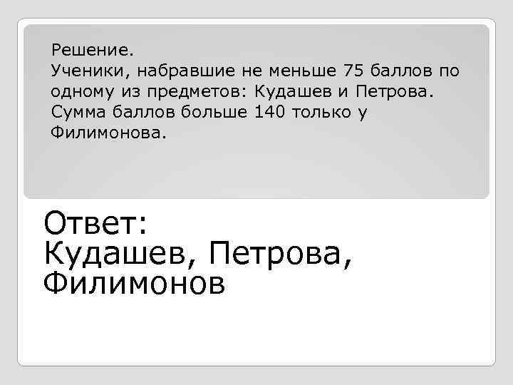 Решение. Ученики, набравшие не меньше 75 баллов по одному из предметов: Кудашев и Петрова.