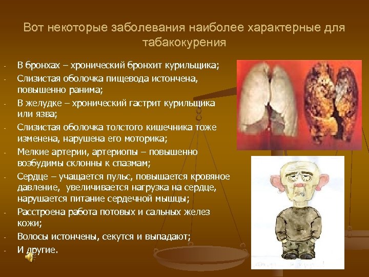 Вот некоторые заболевания наиболее характерные для табакокурения - - - - В бронхах –