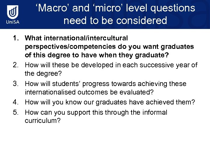 ‘Macro’ and ‘micro’ level questions need to be considered 1. What international/intercultural perspectives/competencies do