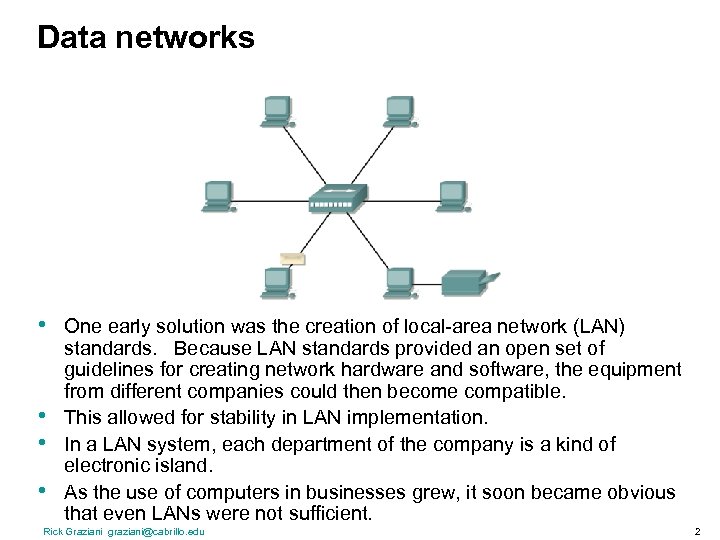 Data networks • • One early solution was the creation of local-area network (LAN)