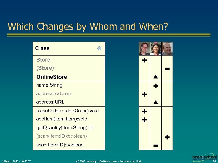 Which Changes by Whom and When? Class Store (Store) Online. Store name: String address: