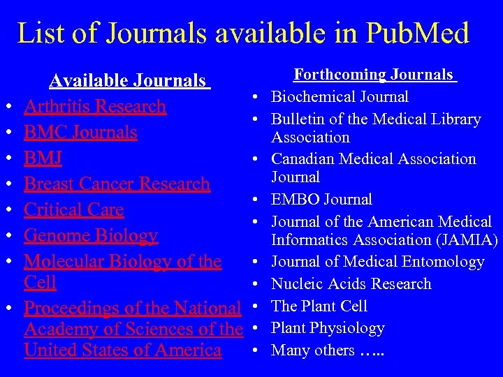 List of Journals available in Pub. Med • • Available Journals • Arthritis Research