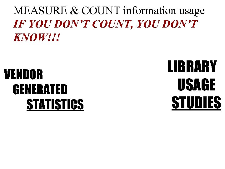 MEASURE & COUNT information usage IF YOU DON’T COUNT, YOU DON’T KNOW!!! VENDOR GENERATED