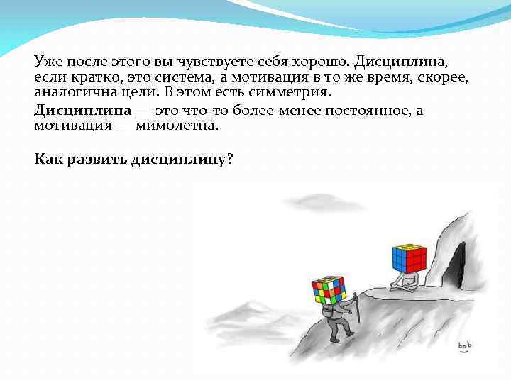 Уже после этого вы чувствуете себя хорошо. Дисциплина, если кратко, это система, а мотивация