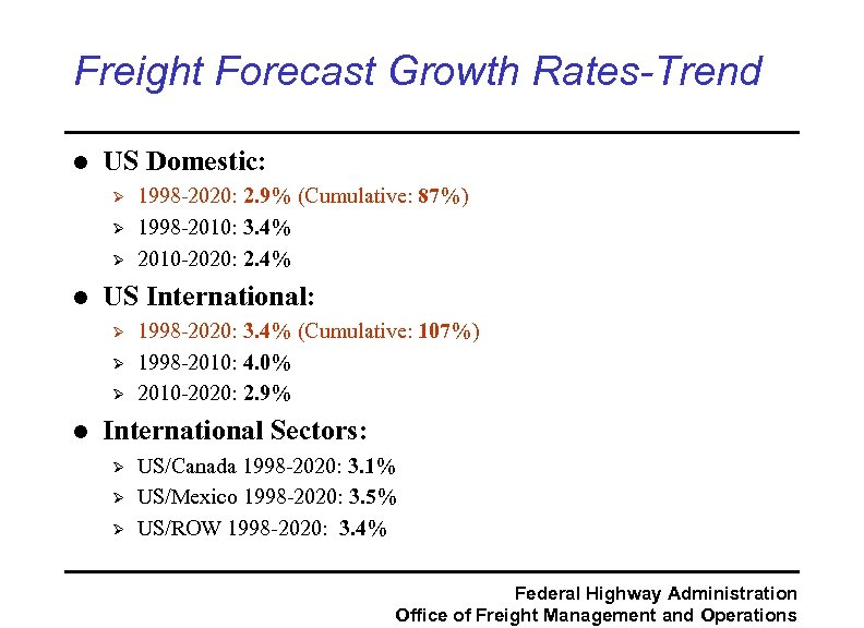 Freight Forecast Growth Rates-Trend l US Domestic: Ø Ø Ø l US International: Ø