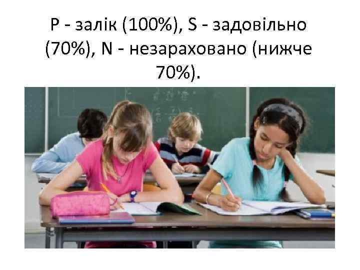 Р - залік (100%), S - задовільно (70%), N - незараховано (нижче 70%). 