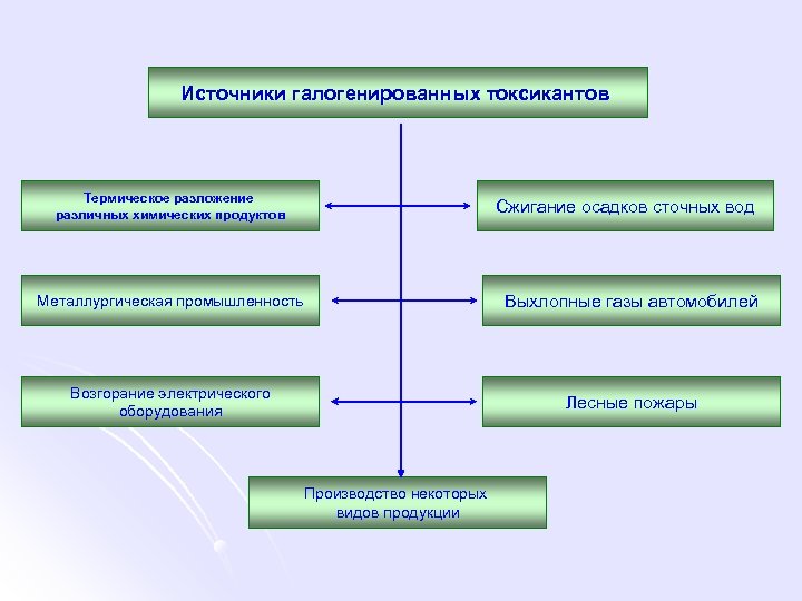 Источники галогенированных токсикантов Термическое разложение различных химических продуктов Сжигание осадков сточных вод Металлургическая промышленность