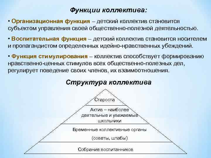 Функции коллектива: • Организационная функция – детский коллектив становится субъектом управления своей общественно-полезной деятельностью.