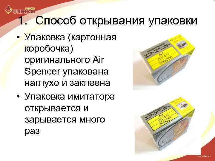 1. Способ открывания упаковки • Упаковка (картонная коробочка) оригинального Air Spencer упакована наглухо и