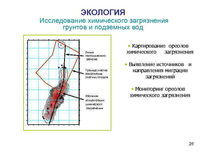 ЭКОЛОГИЯ Исследование химического загрязнения грунтов и подземных вод Линия тектонического разлома Граница участка захоронения