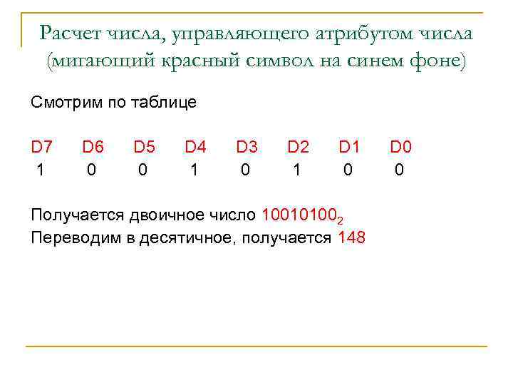Расчет числа, управляющего атрибутом числа (мигающий красный символ на синем фоне) Смотрим по таблице