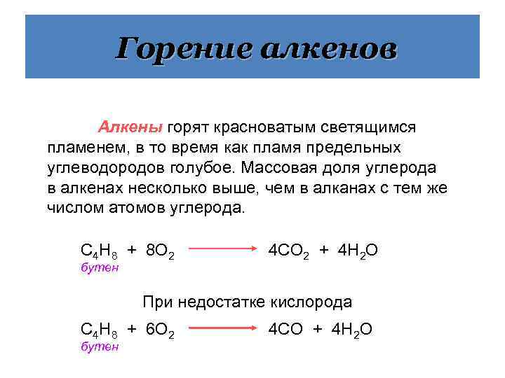 Горение алкенов Алкены горят красноватым светящимся пламенем, в то время как пламя предельных углеводородов