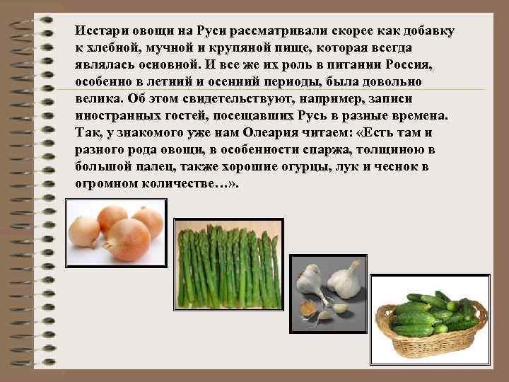 Исстари овощи на Руси рассматривали скорее как добавку к хлебной, мучной и крупяной пище,