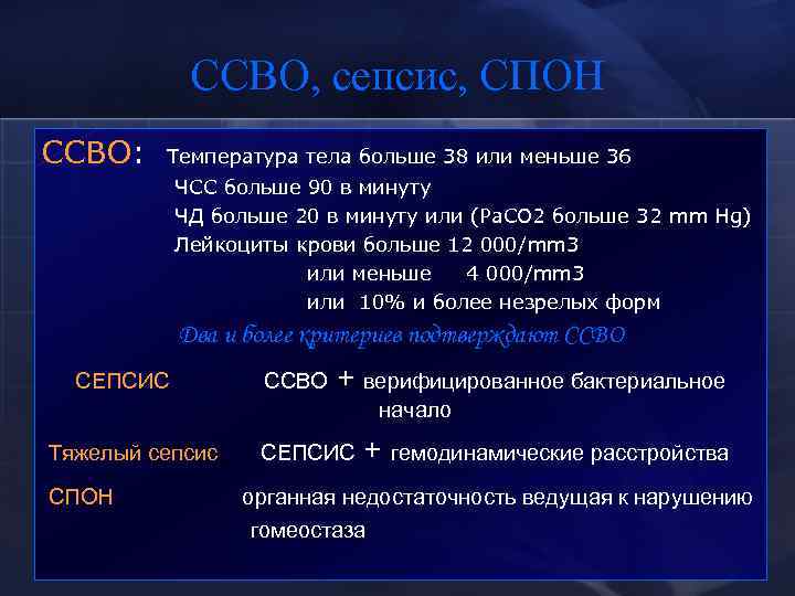 ССВО, сепсис, СПОН ССВО: Температура тела больше 38 или меньше 36 ЧСС больше 90