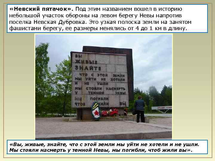  «Невский пятачок» . Под этим названием вошел в историю небольшой участок обороны на