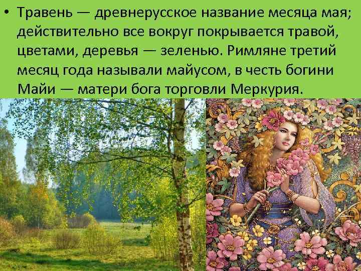  • Травень — древнерусское название месяца мая; действительно все вокруг покрывается травой, цветами,
