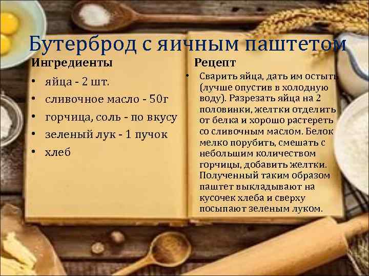 Бутерброд с яичным паштетом Ингредиенты • • • Рецепт • Сварить яйца, дать им