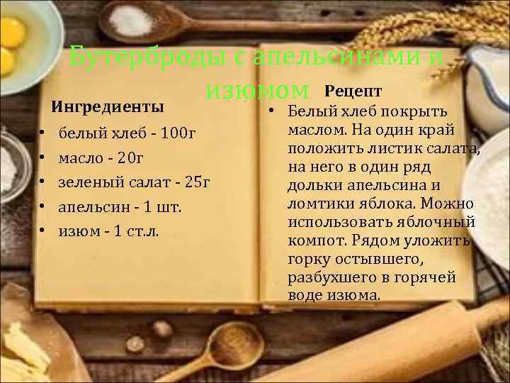 Бутерброды с апельсинами и изюмом Рецепт Ингредиенты • • • белый хлеб - 100