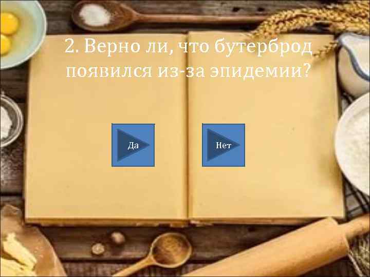 2. Верно ли, что бутерброд появился из-за эпидемии? Да Нет 