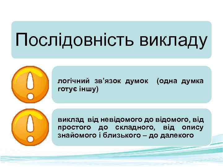 Послідовність викладу логічний зв’язок думок готує іншу) (одна думка виклад від невідомого до відомого,