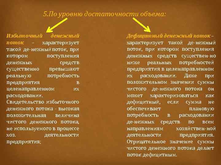 5. По уровню достаточности объема: Избыточный денежный поток – характеризует такой де нежный поток,