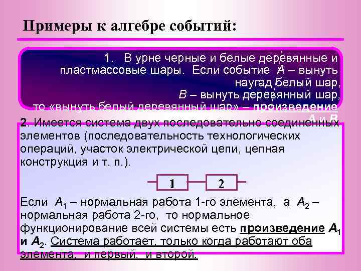 Примеры к алгебре событий: 1. В урне черные и белые деревянные и пластмассовые шары.