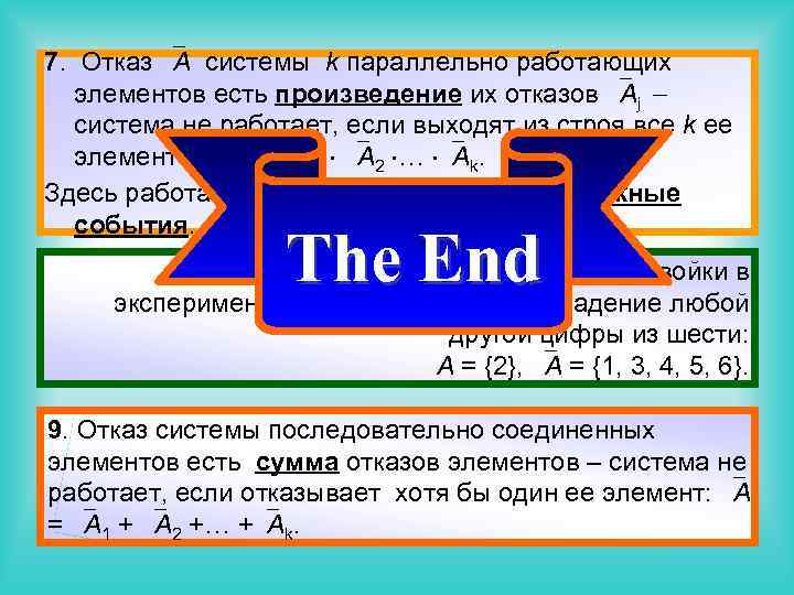 7. Отказ А системы k параллельно работающих элементов есть произведение их отказов Аj система