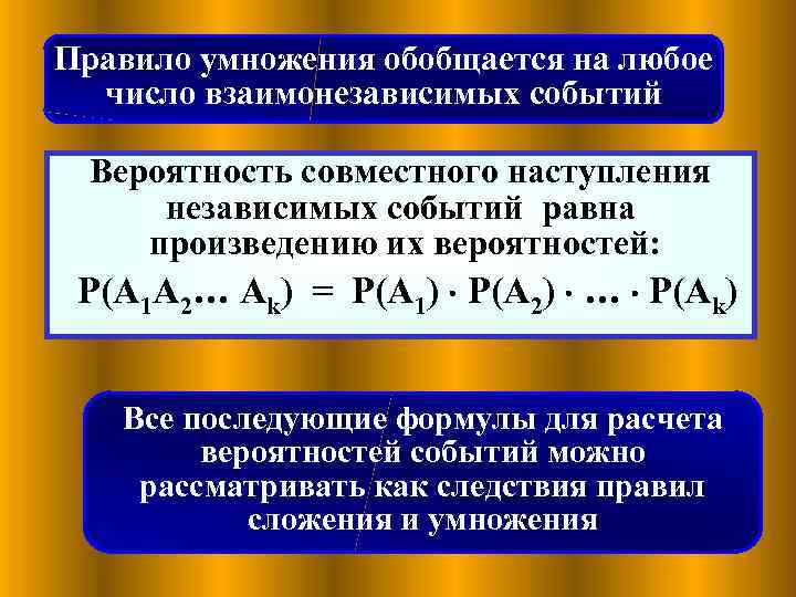 Правило умножения обобщается на любое число взаимонезависимых событий Вероятность совместного наступления независимых событий равна