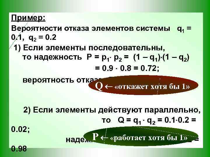 Пример: Вероятности отказа элементов системы q 1 = 0. 1, q 2 = 0.