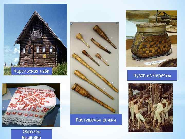 Карельская изба Кузов из бересты Пастушечьи рожки Образец вышивки 