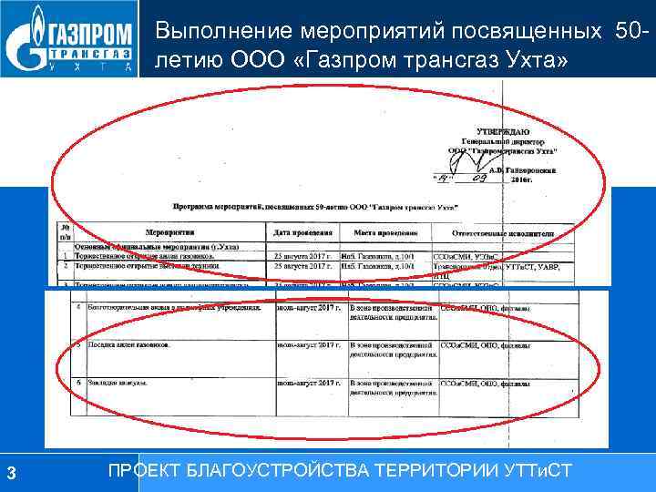 Выполнение мероприятий посвященных 50 летию ООО «Газпром трансгаз Ухта» 3 ПРОЕКТ БЛАГОУСТРОЙСТВА ТЕРРИТОРИИ УТТи.