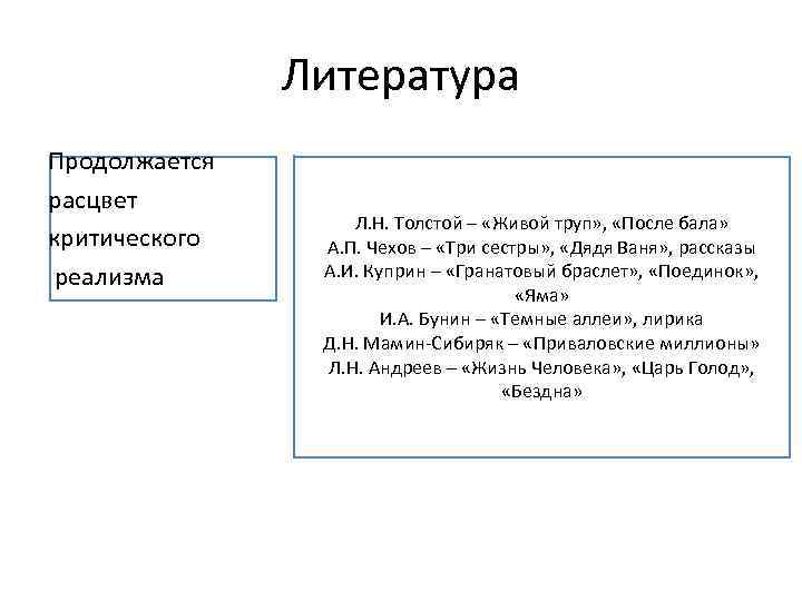 Литература Продолжается расцвет критического реализма Л. Н. Толстой – «Живой труп» , «После бала»