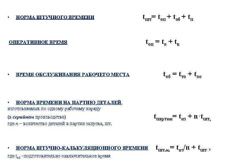  • tшт= tоп + tоб + tп НОРМА ШТУЧНОГО ВРЕМЕНИ ОПЕРАТИВНОЕ ВРЕМЯ tоп