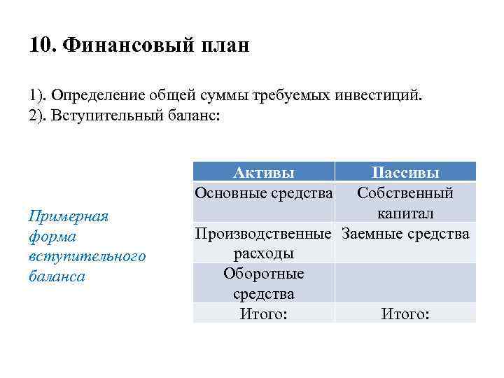 10. Финансовый план 1). Определение общей суммы требуемых инвестиций. 2). Вступительный баланс: Активы Основные