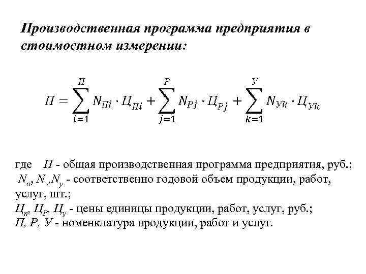 Производственная программа предприятия в стоимостном измерении: где П - общая производственная программа предприятия, руб.