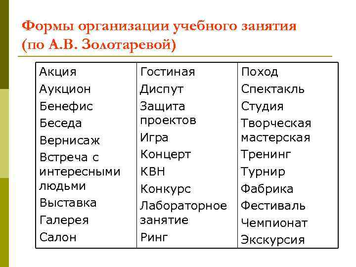 Формы организации учебного занятия (по А. В. Золотаревой) Акция Аукцион Бенефис Беседа Вернисаж Встреча