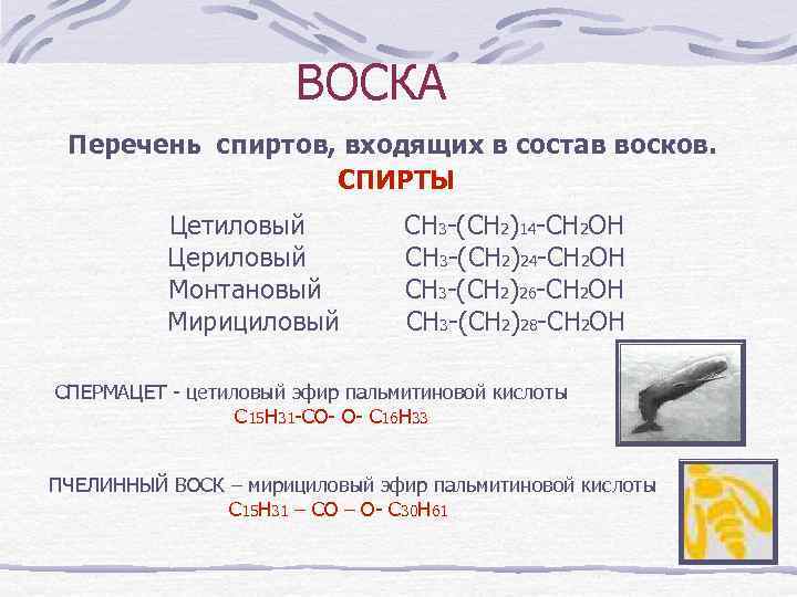 Состав воска. Мерициловый спирт формула. Миридиновый спирт формула. Спирты входящие в состав восков.