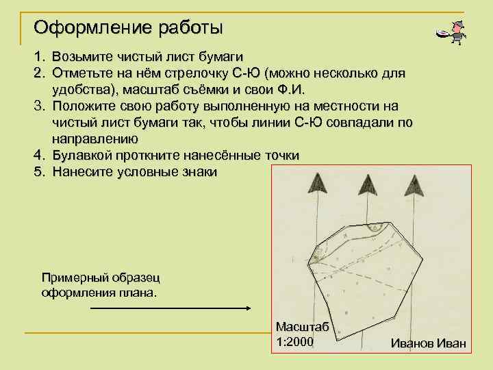 Оформление работы 1. Возьмите чистый лист бумаги 2. Отметьте на нём стрелочку С-Ю (можно